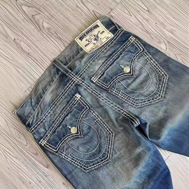 Cross-border e-commerce American high street fashion brand jeans white thick line Buddha Religion straight casual pants men