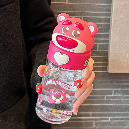 Strawberry bear water cup plastic cup for women with good looks, household high temperature resistant students, cute straight drinking mouth new 2024 cup