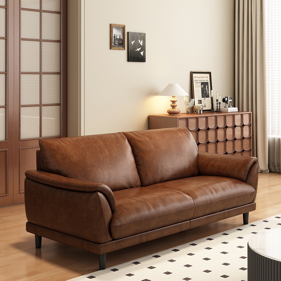 Two-Seater Small Apartment Oil Wax Leather Sofa Living Room 2025 New Retro Style Three-Person Cowhide Sofa Straight Row