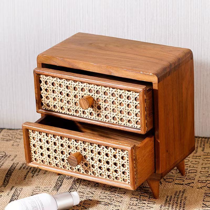 Desktop Wooden Storage Cabinet with Rattan Small Drawers, Miscellaneous Storage Box, Office Desk Organizer, Stationery Box Cabinet