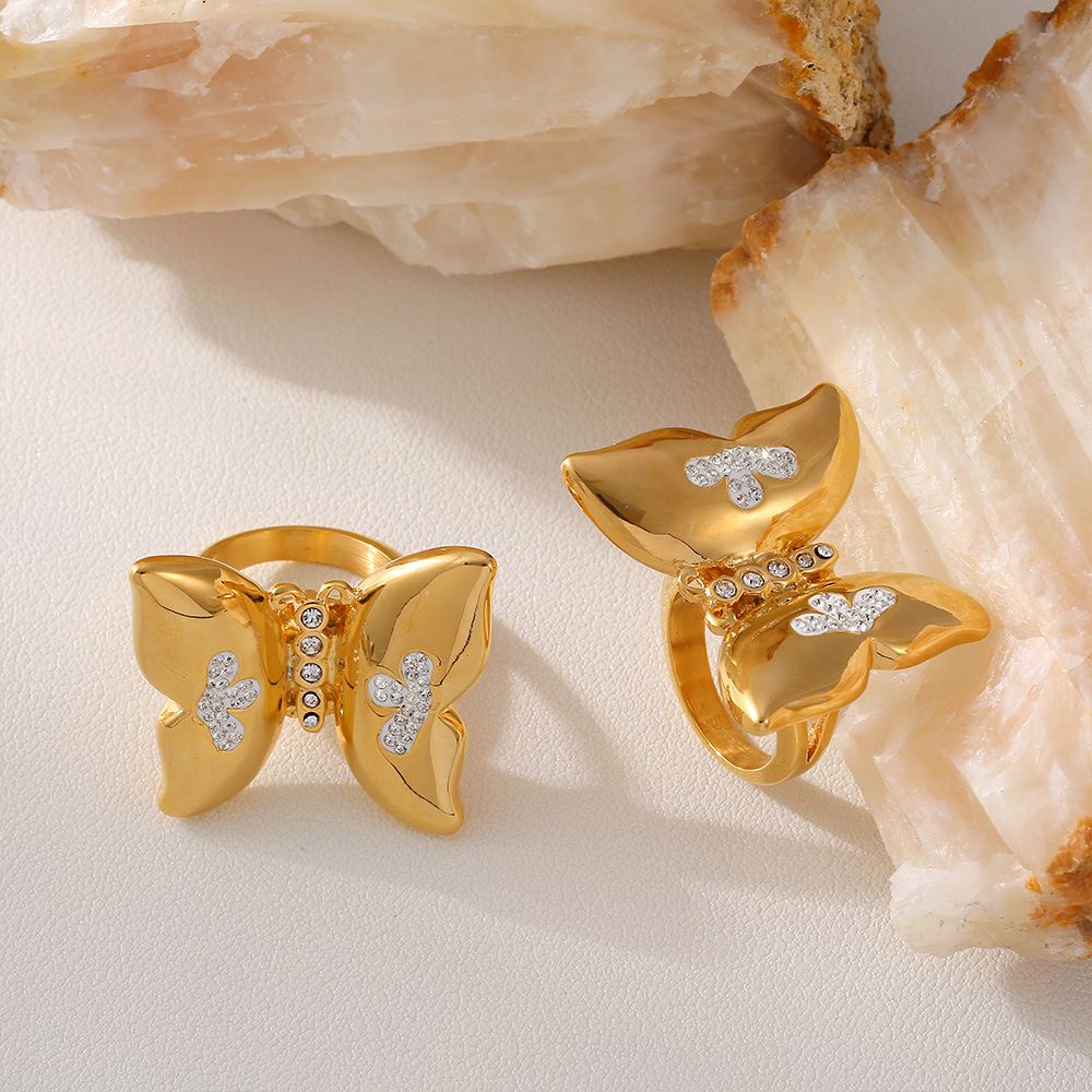 Creative Personality Exaggerated Butterfly Inlaid Diamond Ring Stainless Steel PVD Vacuum High-end Design Jewelry_voghion.com