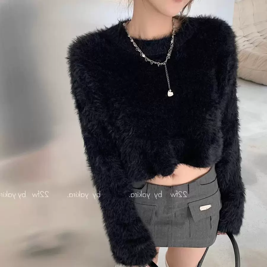 法式复古短款仿水貂绒毛衣女秋冬设计感小众针织衫上衣短款外穿潮