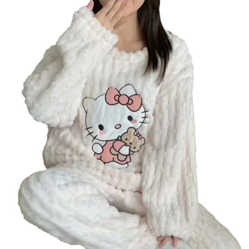 卡通猫珊瑚绒睡衣女秋冬季法兰绒加绒加厚家居服长袖提花暖暖套装|undefined