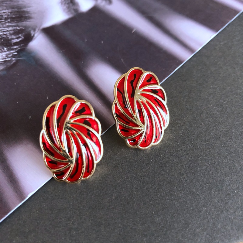 14g Weight No Inlaid Inlay Material Earrings, Ear Studs Classification Wedding, Travel Occasion Alloy Material Printing Pattern Women'S Gender Fashion Style Green, Silver Color Retro Red Oil Drip Glaze Enamel Heart Wave Dot Color Matching Geometric Earrings Wholesale Nihaojewelry 17