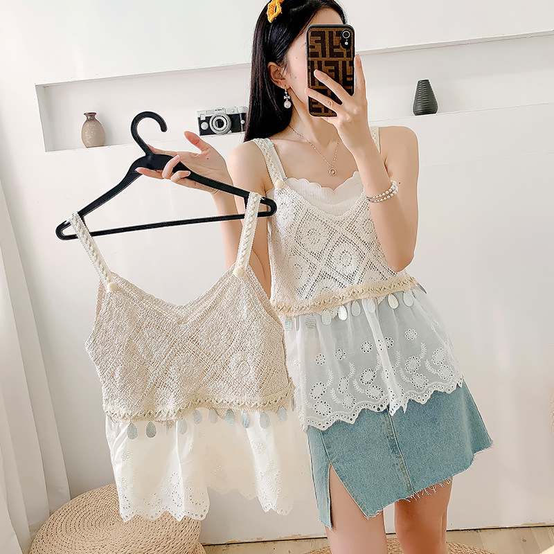 Anstq9360 Cross-Border Ethnic Style Loose Top Bohemian Halter Top Sequined Lace Patchwork Vest