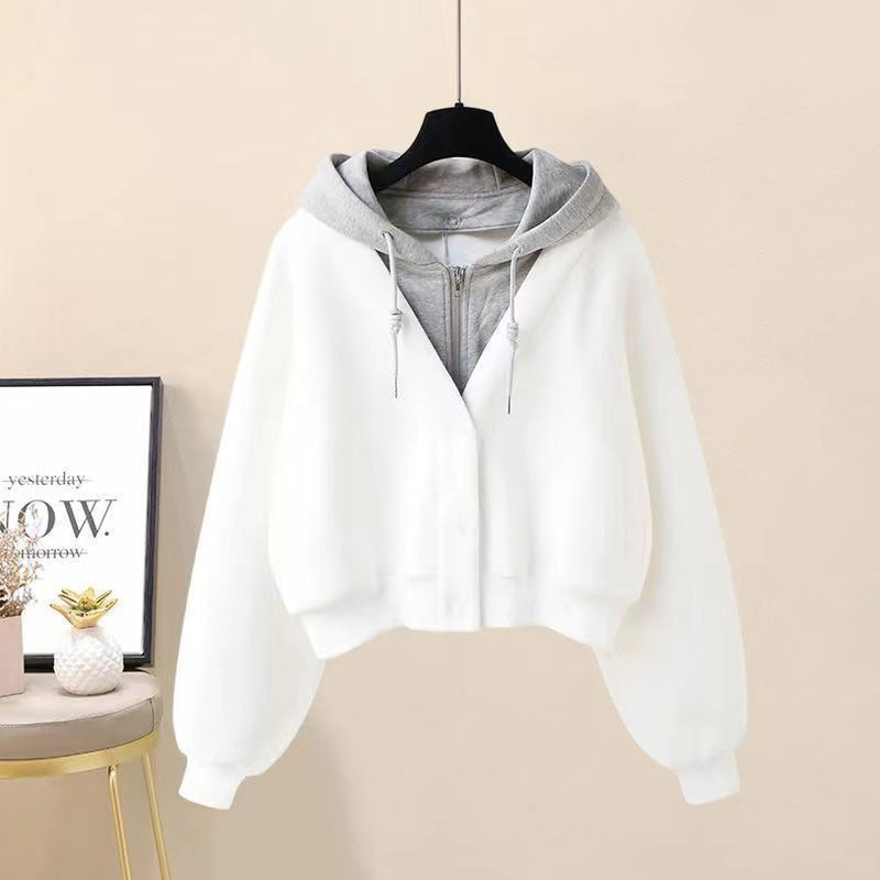 Hua Mian Composite# Hooded Fake Two-piece Short Sweater Autumn Women Stitching Design Sense Niche Small Cardigan Jacket