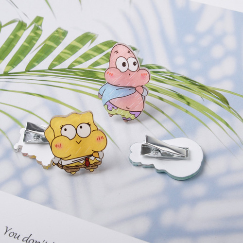 Cartoon Spongebob series children's cute hair clip acrylic fine glitter hair bangs clip funny duckbill clip