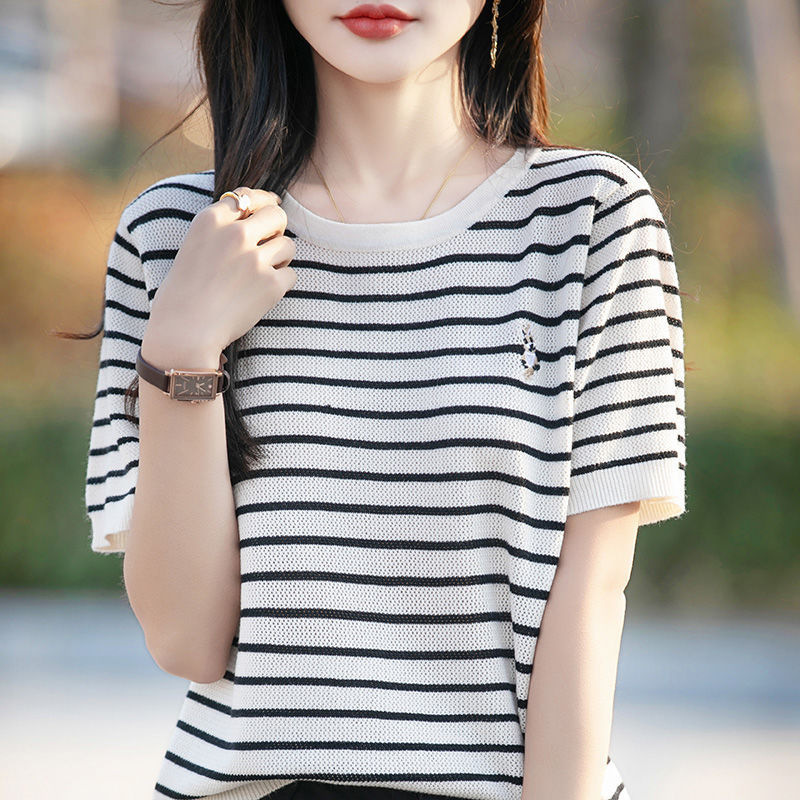 2025 Summer Plus Size Women's Short Sleeve Casual Versatile Embroidered Striped Thin Knit Top Cute Style 2025 Summer Plus Size Women's Short Sleeve Casual Versatile Embroidered Striped Thin Knit Top Cute Style