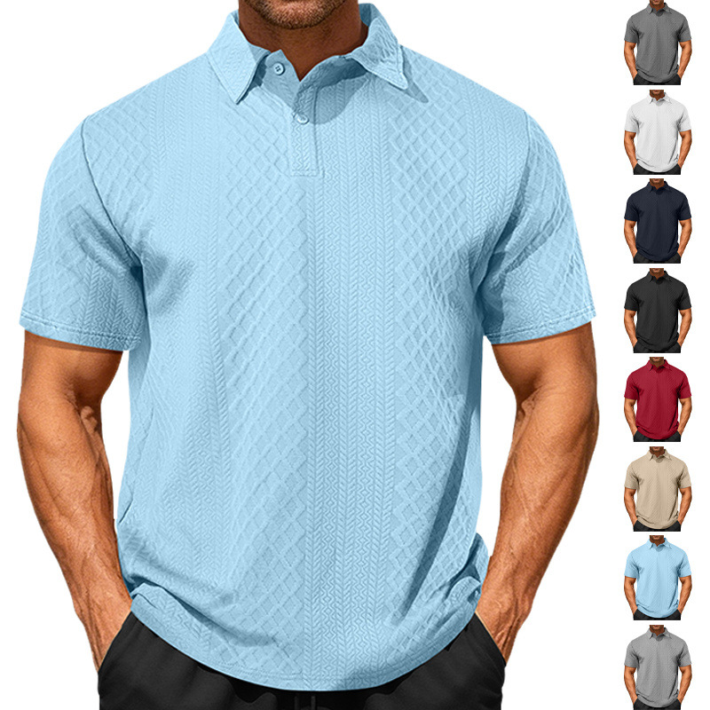 Ropa de hombre transfronteriza europea y americana estilo fino de verano suelto transpirable casual color sólido jacquard solapa camisa polo de hombre de manga corta