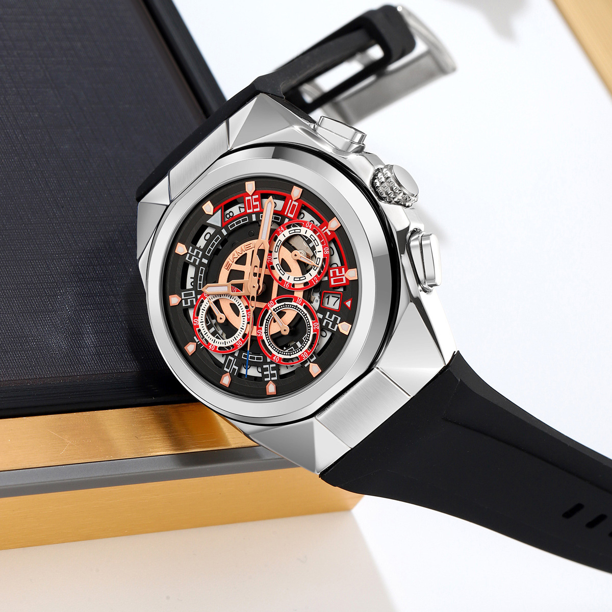 Momento de belleza para hombres cronógrafo multifuncional silicona calendario impermeable relojes de pulsera relojes de cuarzo puntos transfronterizos al por mayor