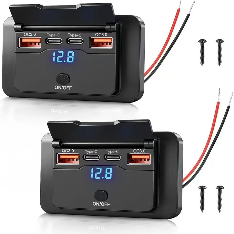 New Model Car/Bus 4-Port Modified USB Car Charger Dual Qc3.0+Pd Digital Display Voltmeter with Switch
