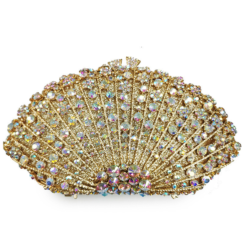 Bolsa de cena con diamantes en forma de ventilador transfronteriza bolsas de diamantes metálicas huecas bolsas de fiesta celebridades europeas y americanas reuniones anuales bolsas de mano de mujeres púrpura oscuro