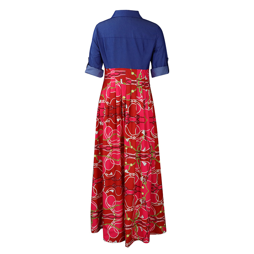 Abito da sera lungo da donna con stampa e dettagli in denim_voghion.com