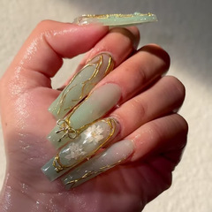 緑の意の清新な小さい菊の立体の不規則な金色の線の蝶結びの欧米のinsの風は美しい爪の切れを取り外します。