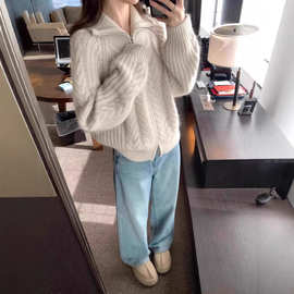 复古麻花双拉链纯羊毛开衫女秋冬新款高领加厚毛衣宽松针织衫外套
