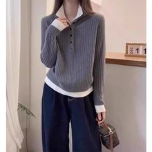 欧洲站秋冬装2025新款立领假两件减龄针织衫女灰色毛衣打底衫