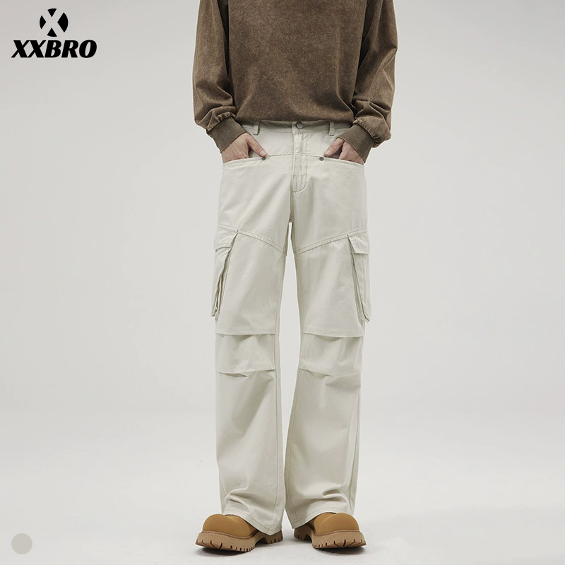Xxbro мужская одежда # американский ретро белый многокарманные комбинезоны женские мужские высокие уличные прямые шитые широкие брюки