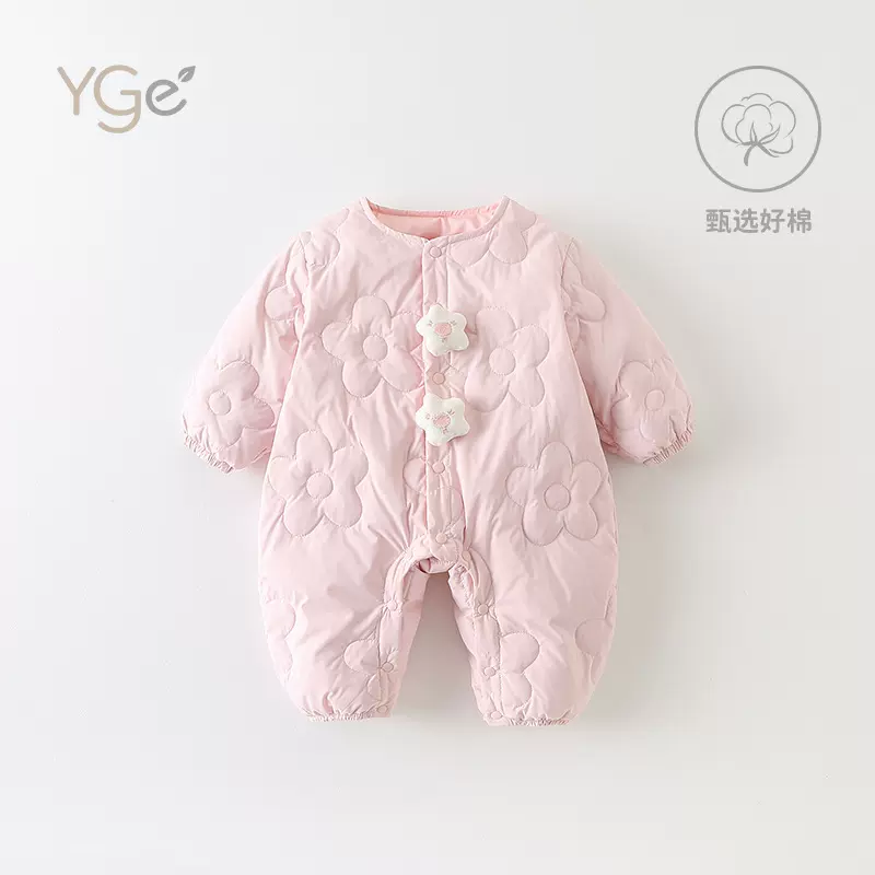 冬天婴幼儿休闲爬服轻薄羽绒服连体衣男女宝宝可爱花朵轻便哈衣