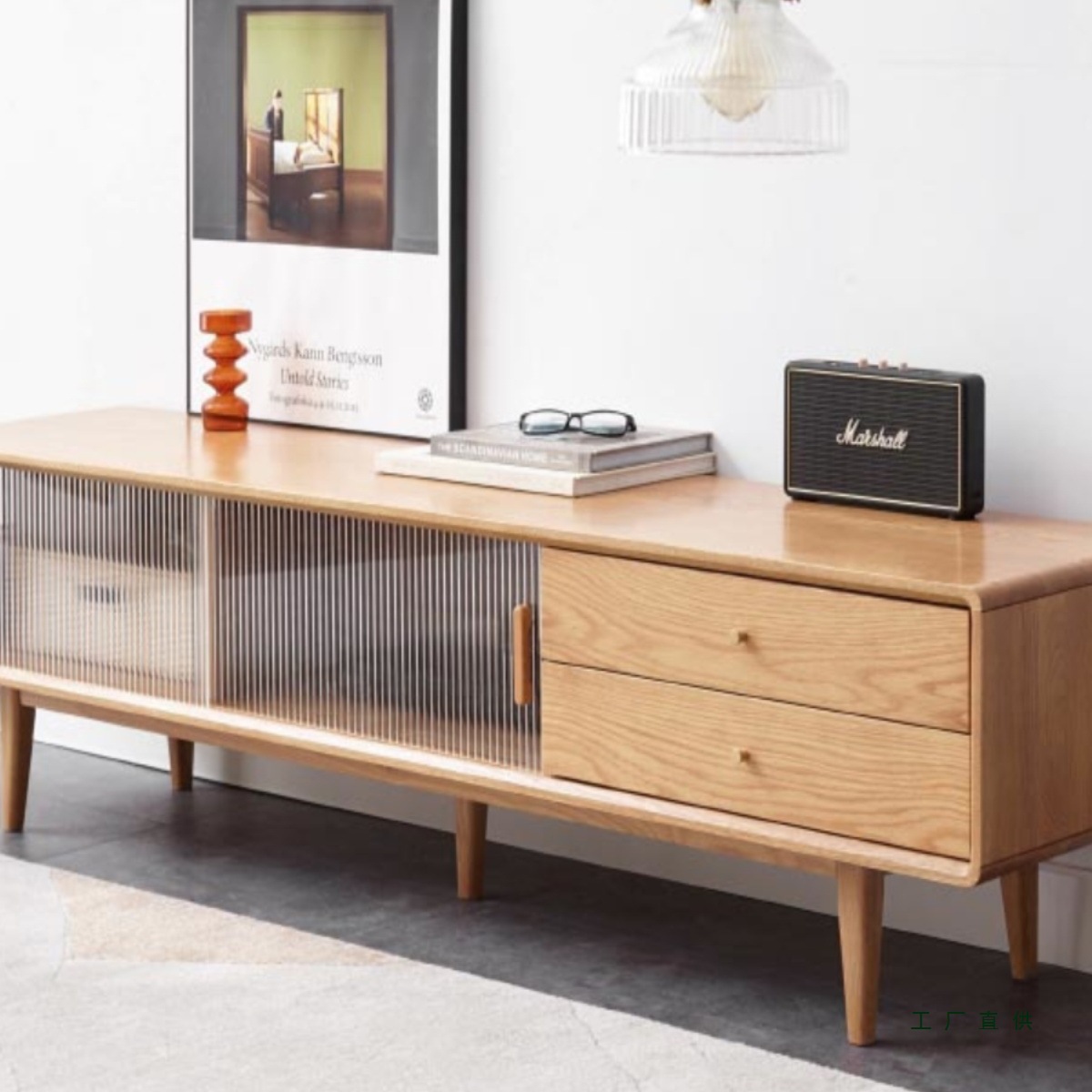 Factory Direct Sales All Solid Wood Glass Sliding Door Oak Tv Cabinet Modern Log Luxury Quality Mortise and Tenon Nordic Style