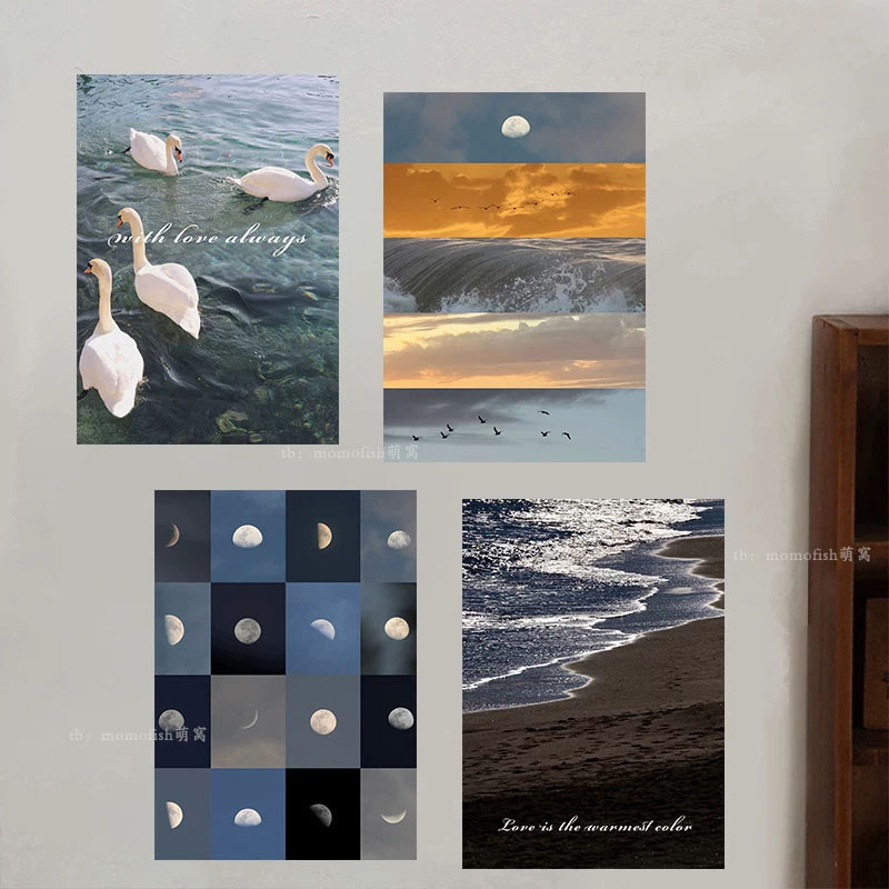 Seaside Moon Instagram Landscape Poster, Artistic Vintage-Style Room Living Room Background Wall Photo Atmosphere Decorative Painting Sticker