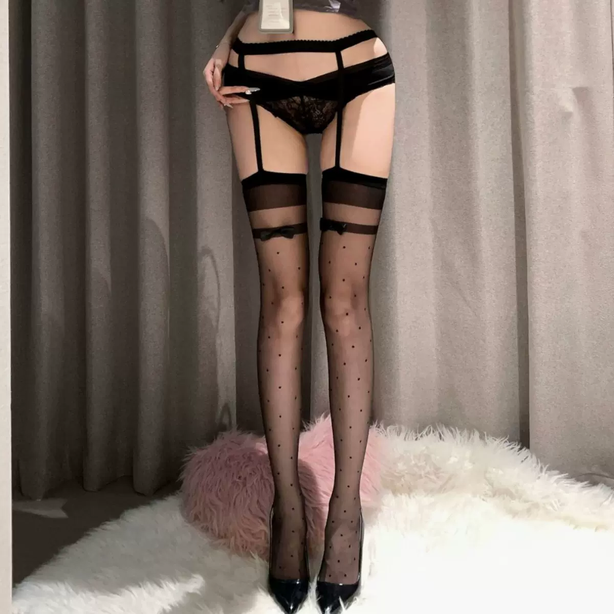 性感纯欲吊袜丝袜波点宽边蝴蝶结一体袜镂空超薄款黑丝过膝连裤袜