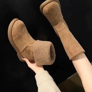 European pure leather two-wear flanged flat heel boots women's 2024 winter suede fleece-lined snow boots warm cotton boots