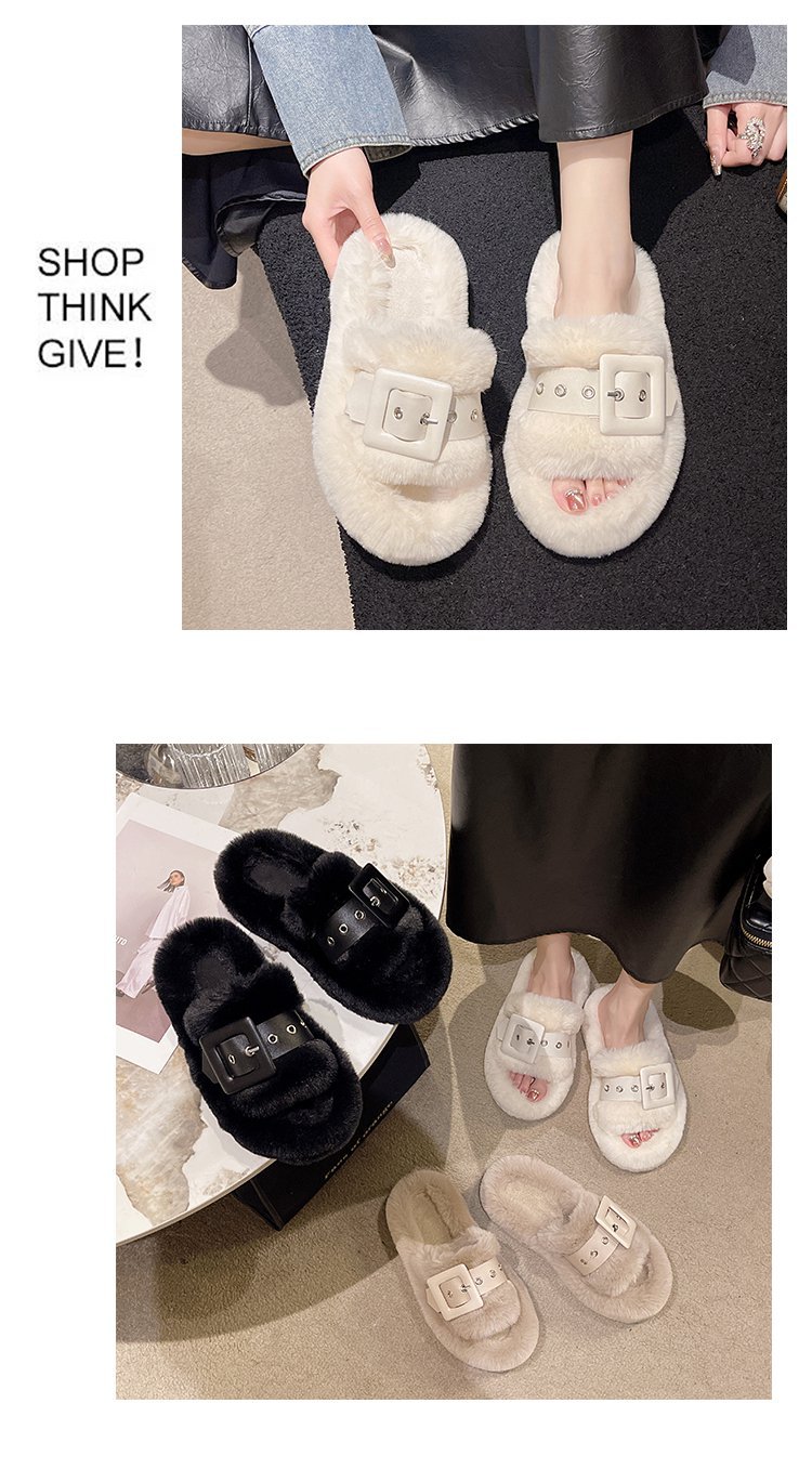 Pelzige Hausschuhe für Damenoberbekleidung, schwangere Frauen, große Hausschuhe mit dicken Sohlen, Gürtelschnalle, Plüsch, Ein-Wort-Baumwollhausschuhe_voghion.com