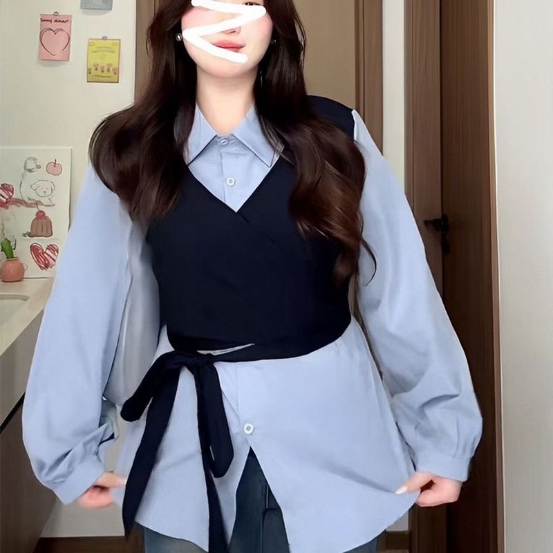 大码女装胖慵懒风假两件绑带马甲衬衫2025秋季新款时尚显瘦上衣|undefined
