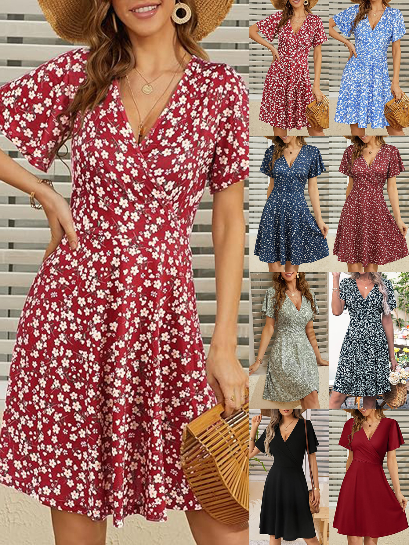 Verano de la nueva mujer flor triturada manga corta envuelta V-collar A vestido image 1