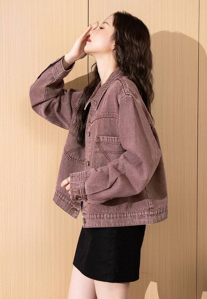 Áo khoác denim nữ cổ bẻ dáng rộng phong cách retro, giặt mài, dài tay, dáng ngắn — Màu tím chi tiết 2