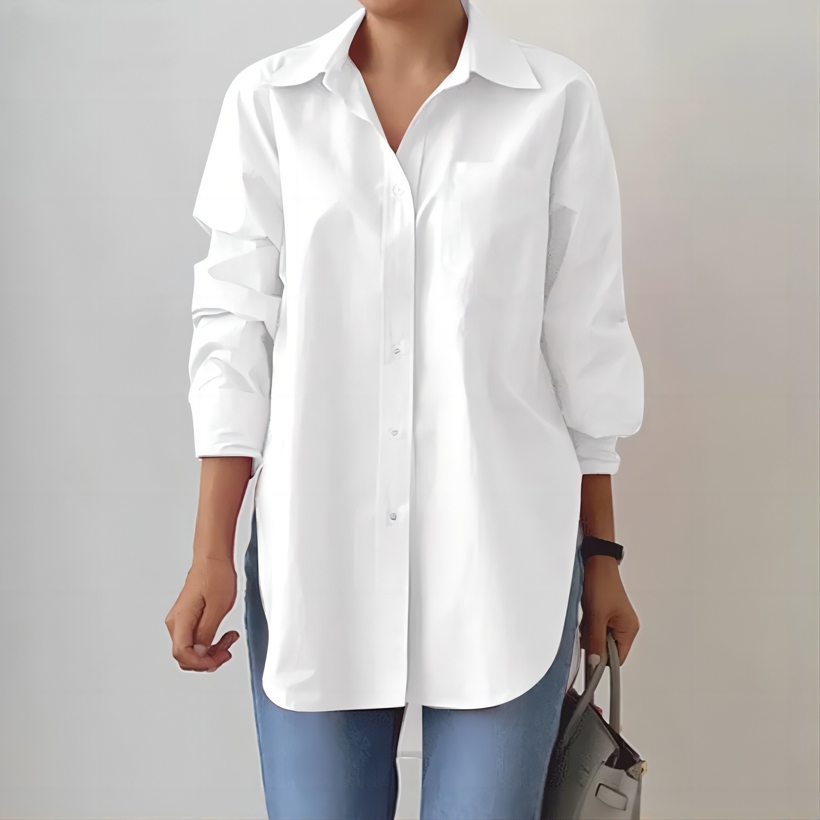 Elegante colletto risvoltato a maniche lunghe, moda 2024, donna, primavera e autunno, tinta unita, orlo a contrasto, oversize, OL Work_voghion.com