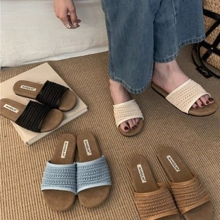 Flat Woven Cut Out Slippers for Women Summer Outer Wear 2025 New Bohemian Vacation Travel Sandals for Women