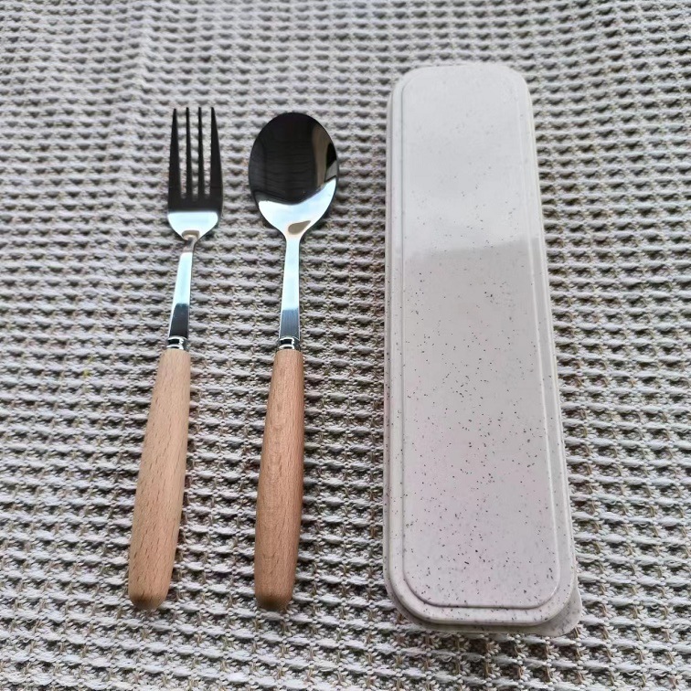 나무 손잡이 밥 상자 + 둥근 숟가락 포크