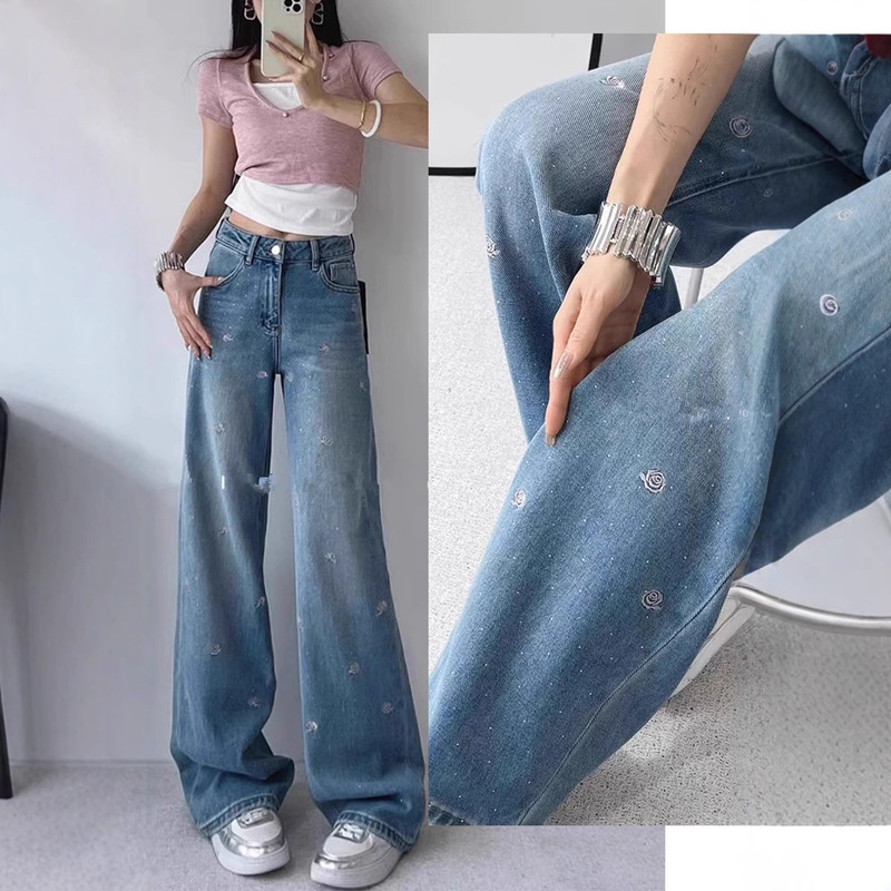Light Color Design Embroidered Jeans Women's Summer New High Waist Loose Slimming Wide Leg Narrow Version Straight Trendy Pants