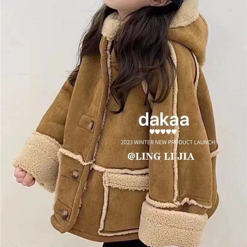 Ningli children's suede reversible coat winter girls Korean style thickened warm fur one-piece hooded coat trendy