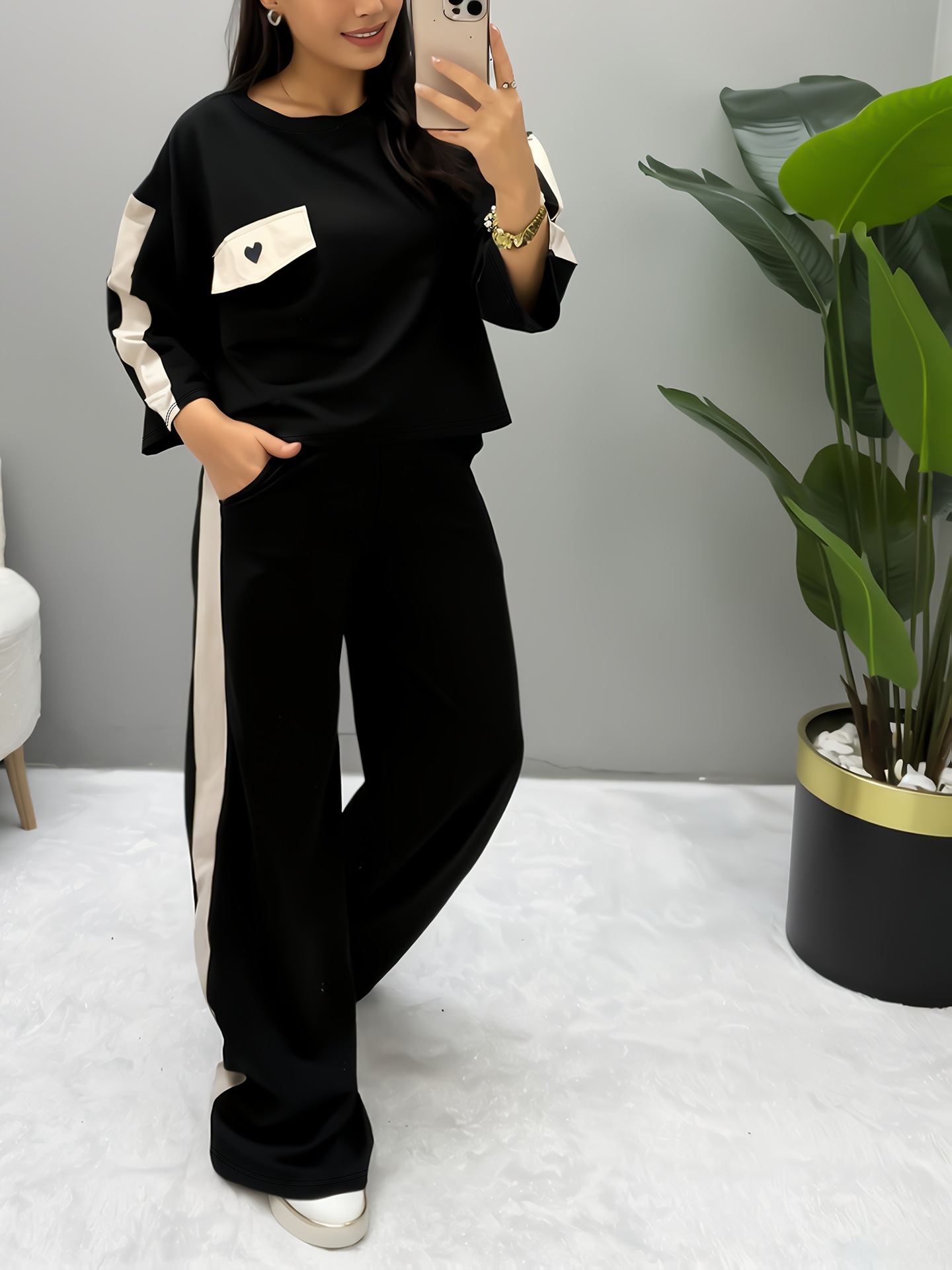 Women's Casual Short Sleeve Top With Color Blocking And Straight Leg Pants Two-Piece Lounge Set Versatile For Multiple Occasions_ecoleips.com