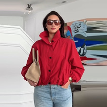 现货--亚马逊欧美跨境早秋爆款休闲百搭立领纽扣纯色长袖夹克