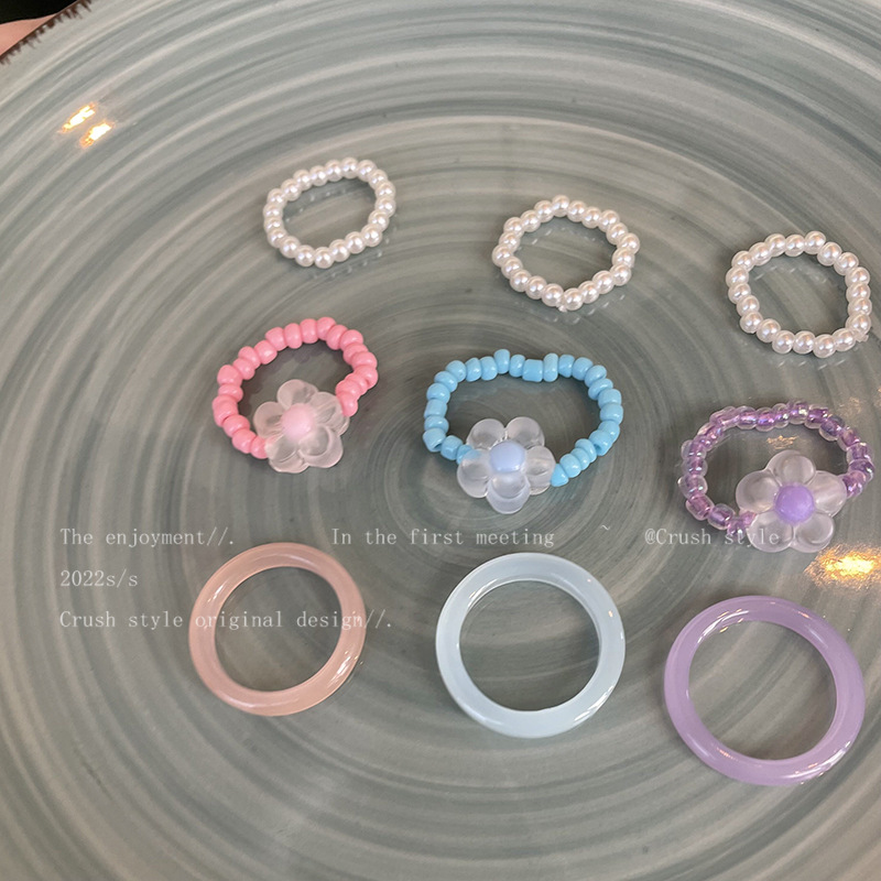 东菊2022年新款珍珠花朵糖果色戒指套装组合女小众设计感时尚树脂详情4