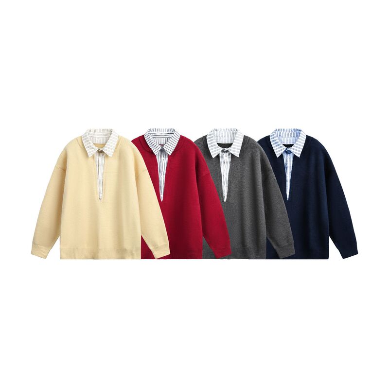 Rumen Retro Stripesd Stitching High-End Polo Collar Knitwear for Men and Women in Autumn and Winter Trendy Brand Couple Loose Knitwear