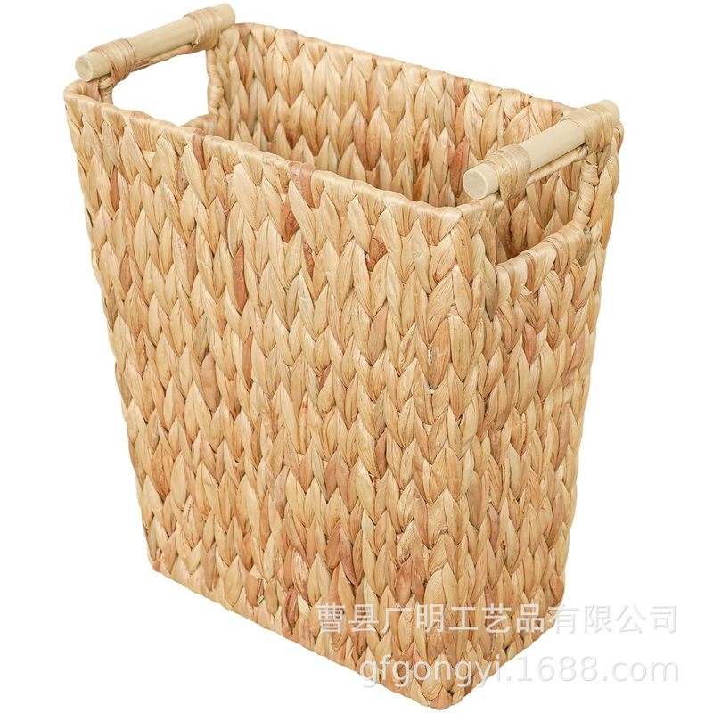 Wicker Trash Can with Wooden Handle, Rattan Storage Basket, Organizer Box for Snacks, Toys, and Miscellaneous Items