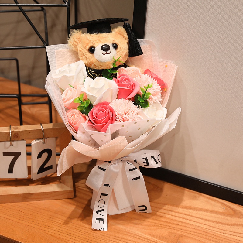Bonito oso de peluche ramo de rosas tela muñeca de peluche juguete flores oso muñeca regalo ramo de graduación