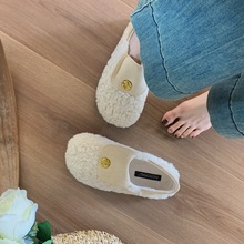 米白色小香风毛毛鞋女秋冬外穿时尚山茶花一脚蹬豆豆鞋孕妇棉鞋女