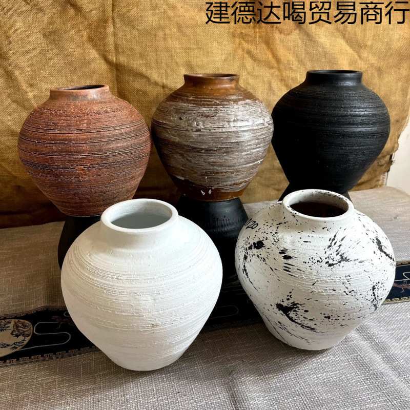 Chinese Vase, Retro Handmade Ornaments, Large Diameter Flower Arrangement, Dried Flowers, Stoneware Pot, Hydroponic Flower Device, Wabi-Sabi Style Vase