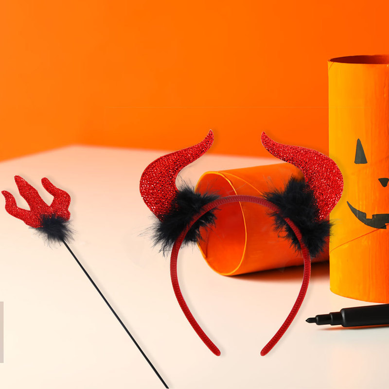 Halloween Headband Cane Set Kidsren's Holiday Party Decoration Supplies Red Devil Horn Trident Wand