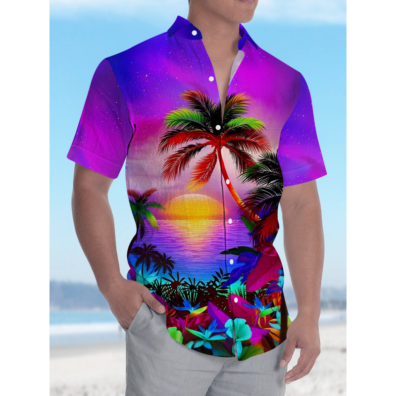 2025 New Cross-Border Hawaiian 3D Printed Color Matching Printed Short-Sleeved Shirt Pocket Loose Summer Fashion Men's Shirt
