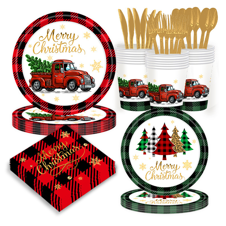 Christmas Tree Theme Red and Green Plaid Car Decoration Set Kidsren's Disposable Tableware Paper Plate Paper Towel