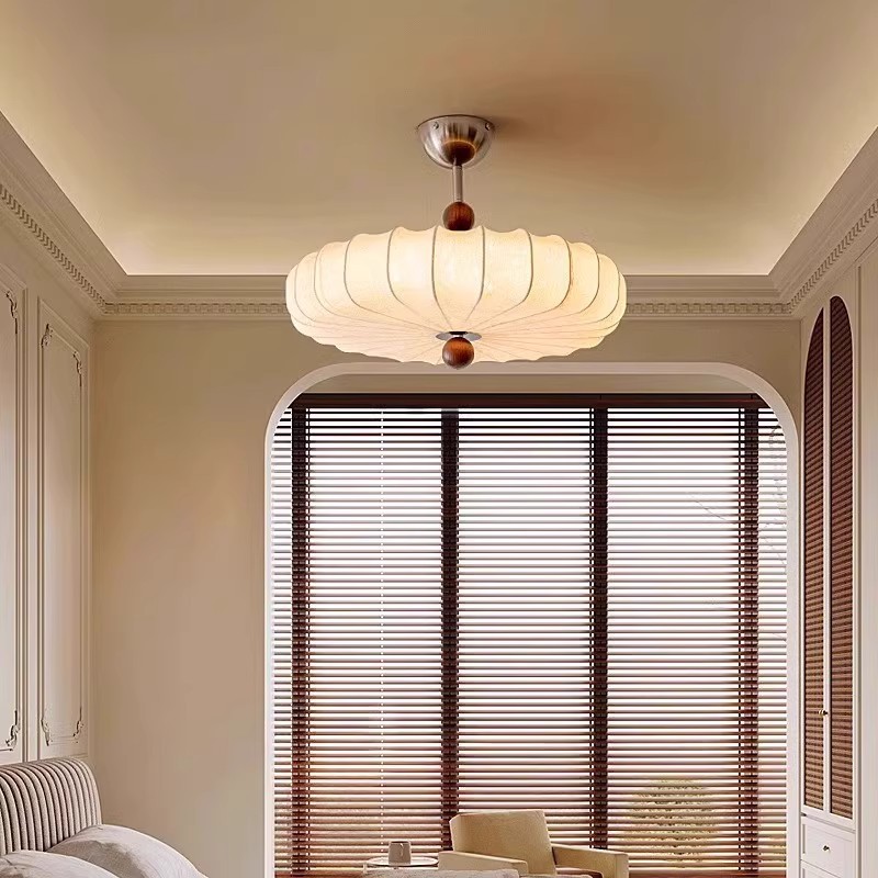 Araña de dormitorio de estilo medio francés Tela retro japonesa Sala de estudio de estilo Nanyang Lámpara de dormitorio principal de calabaza romántica