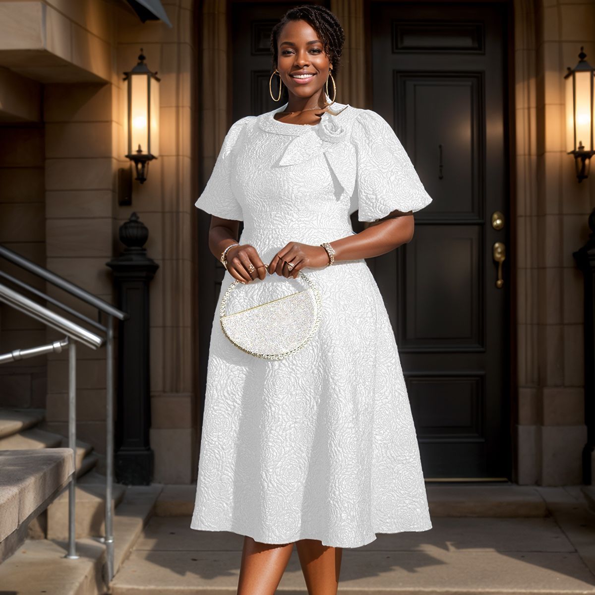 AM040856 cross-border new European and American rose jacquard crew neck dress commuter three-dimensional flower A- line dress