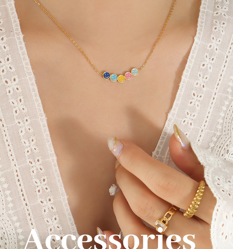 Cute Smiley Face Titanium Steel Gold Plated Necklace