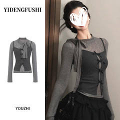YIDENG灰色蝴蝶结蕾丝微透长袖女早秋季韩系穿搭修身吊带两件T恤